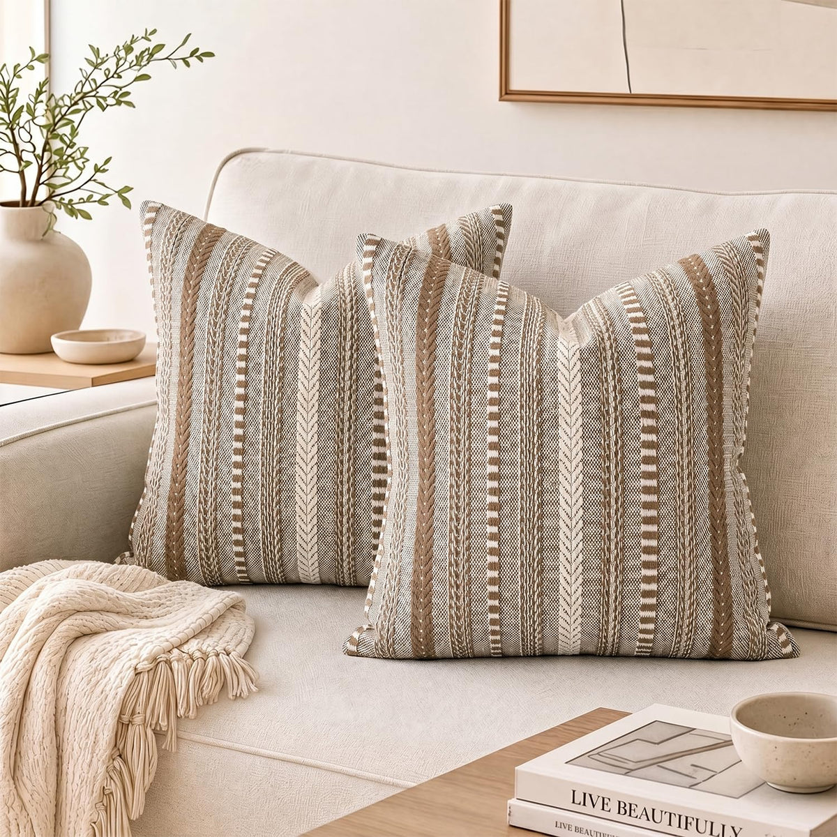 AVOIN colorlife Pink Boho Decorative Throw Pillow Covers Set of 2, 18 x 18 Inch Woven Stripe Textured Rustic Cushion Case Home Decor for Living Room Couch Sofa
