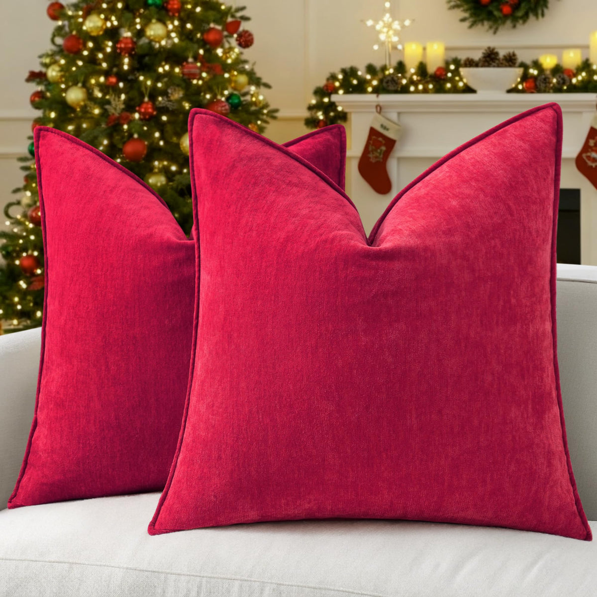 decorUhome Chenille Beige Velvet Throw Pillow Covers 20x20 Set of 2