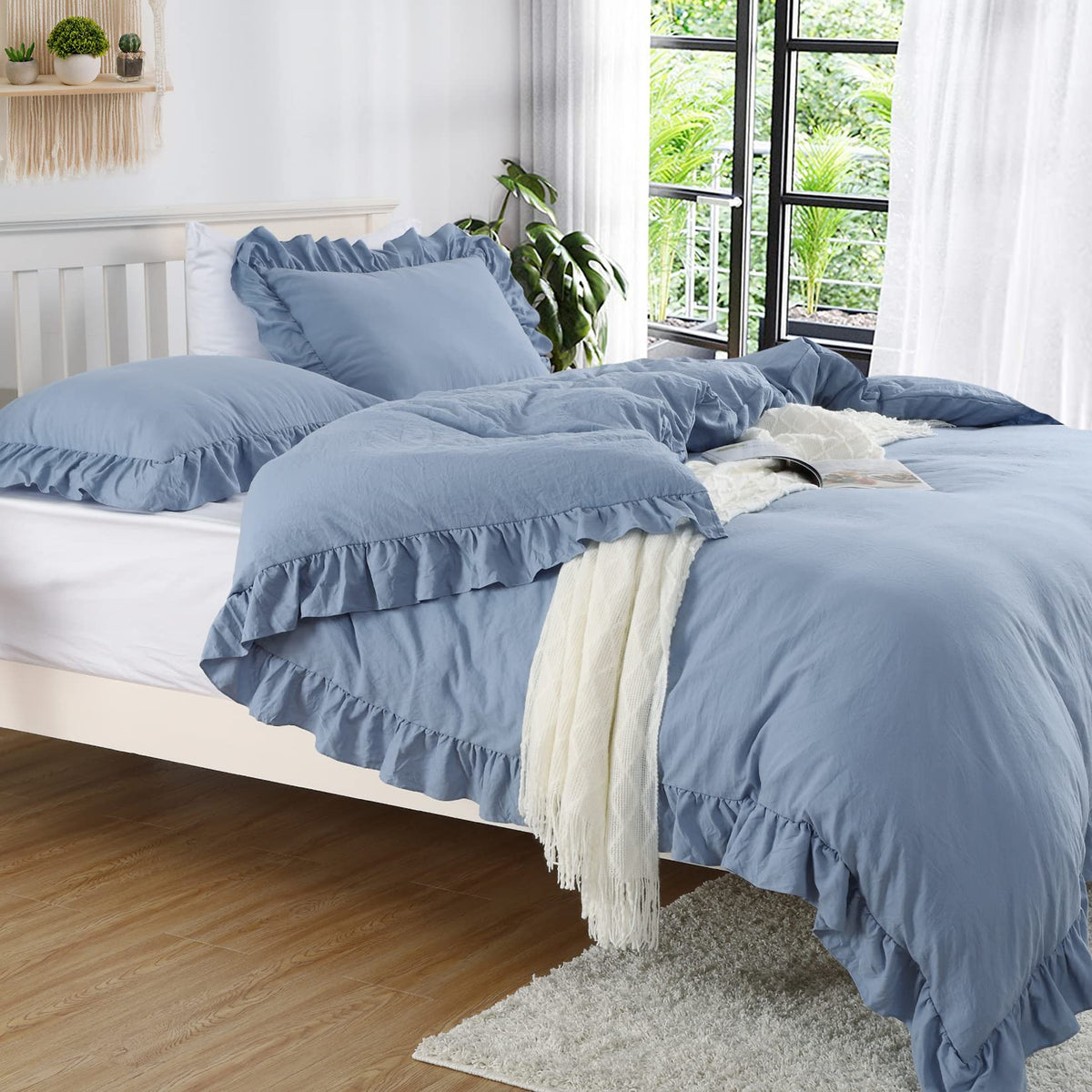 CAROMIO White Ruffle Duvet Cover Queen Size, 3PCS Soft Washed Microfiber Vintage French Country Duvet Cover Set for Queen Bed, White, 90x90 in