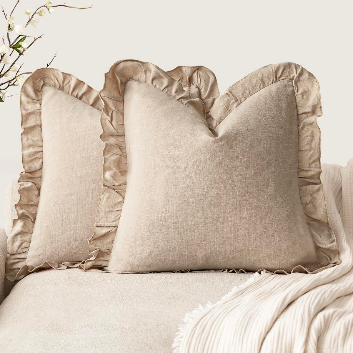 Foindtower Set of 2 Decorative Soild Fringe Ruffle Throw Pillow Covers Soft Boho Farmhouse Cushion Cover Cozy Accent Retro Pillowcase for Couch Sofa Bed Living Room Home Decor,18×18 Inch,Natural Beige