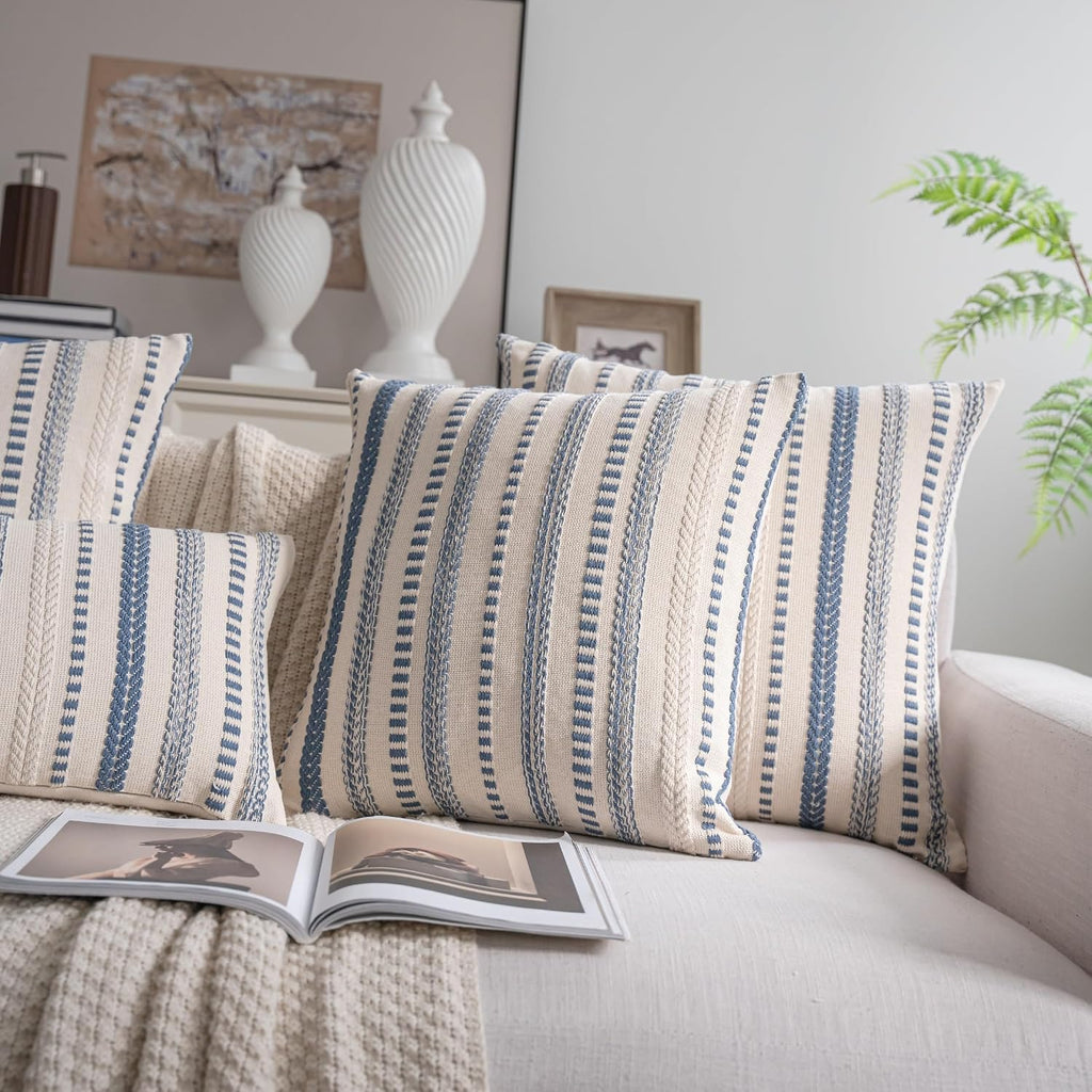 Cethom Blue and Beign Boho Throw Pillow Covers 18x18 Inch Set of 2, Stripe Textured Decorative Couch Pillow Cases for Bed, Sofa, Living Room, Bedroom, Farmhouse Home Accent Cushion Covers
