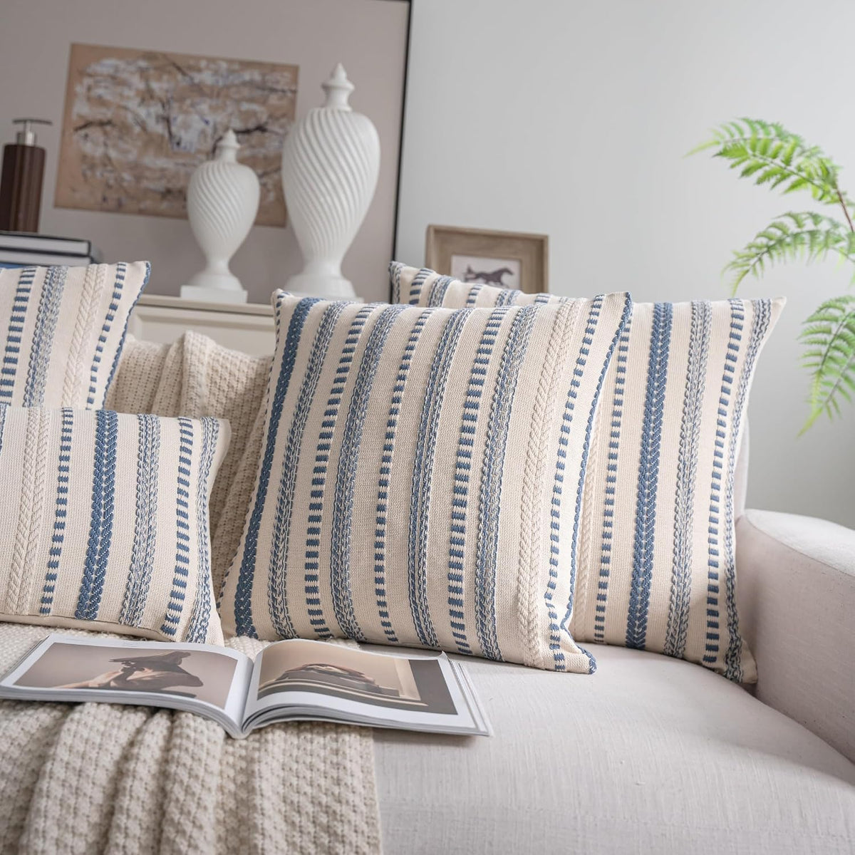 Cethom Blue and Beign Boho Throw Pillow Covers 18x18 Inch Set of 2, Stripe Textured Decorative Couch Pillow Cases for Bed, Sofa, Living Room, Bedroom, Farmhouse Home Accent Cushion Covers