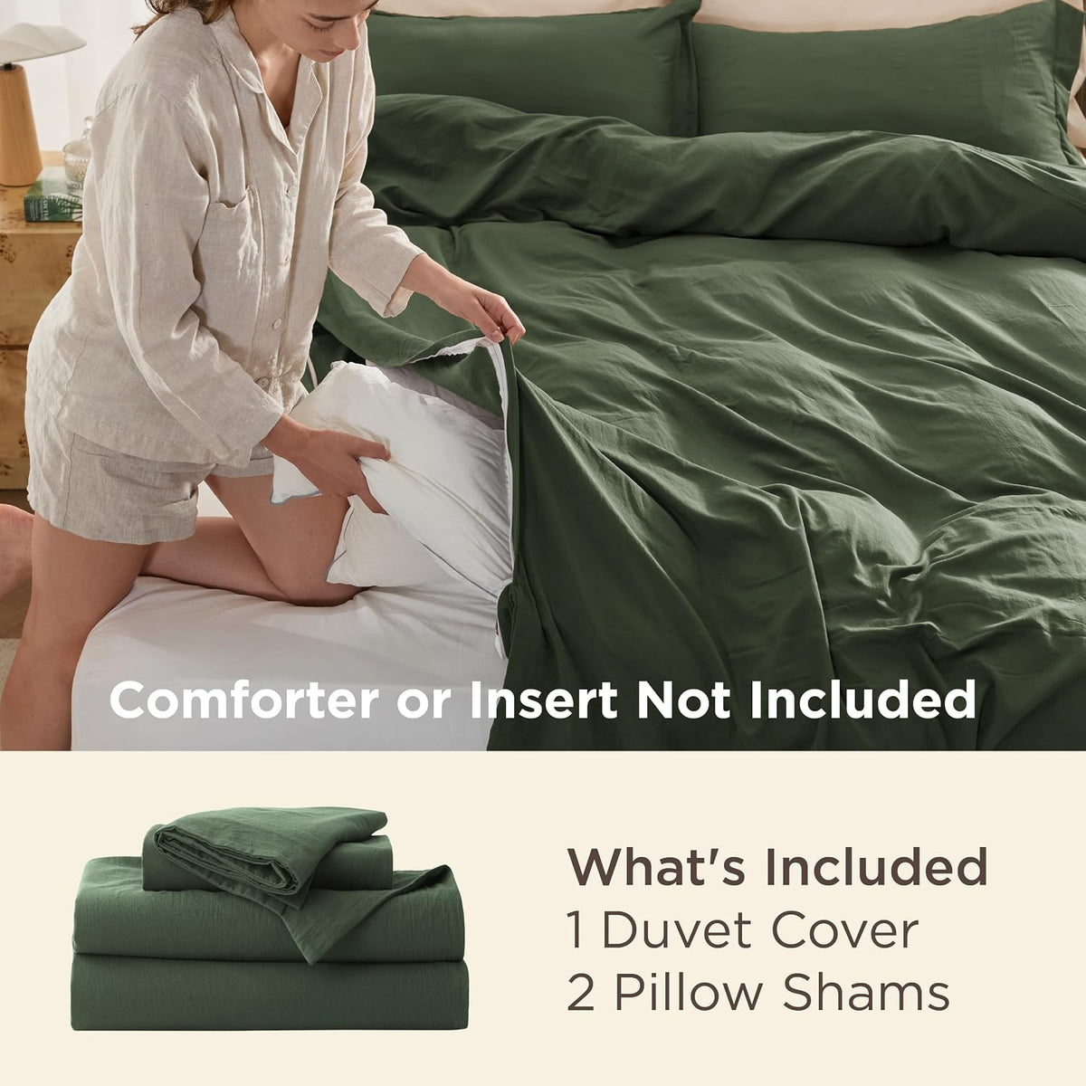 Bedsure Prewashed Duvet Cover Queen, Cotton-Like Bedding Set, Olive Green