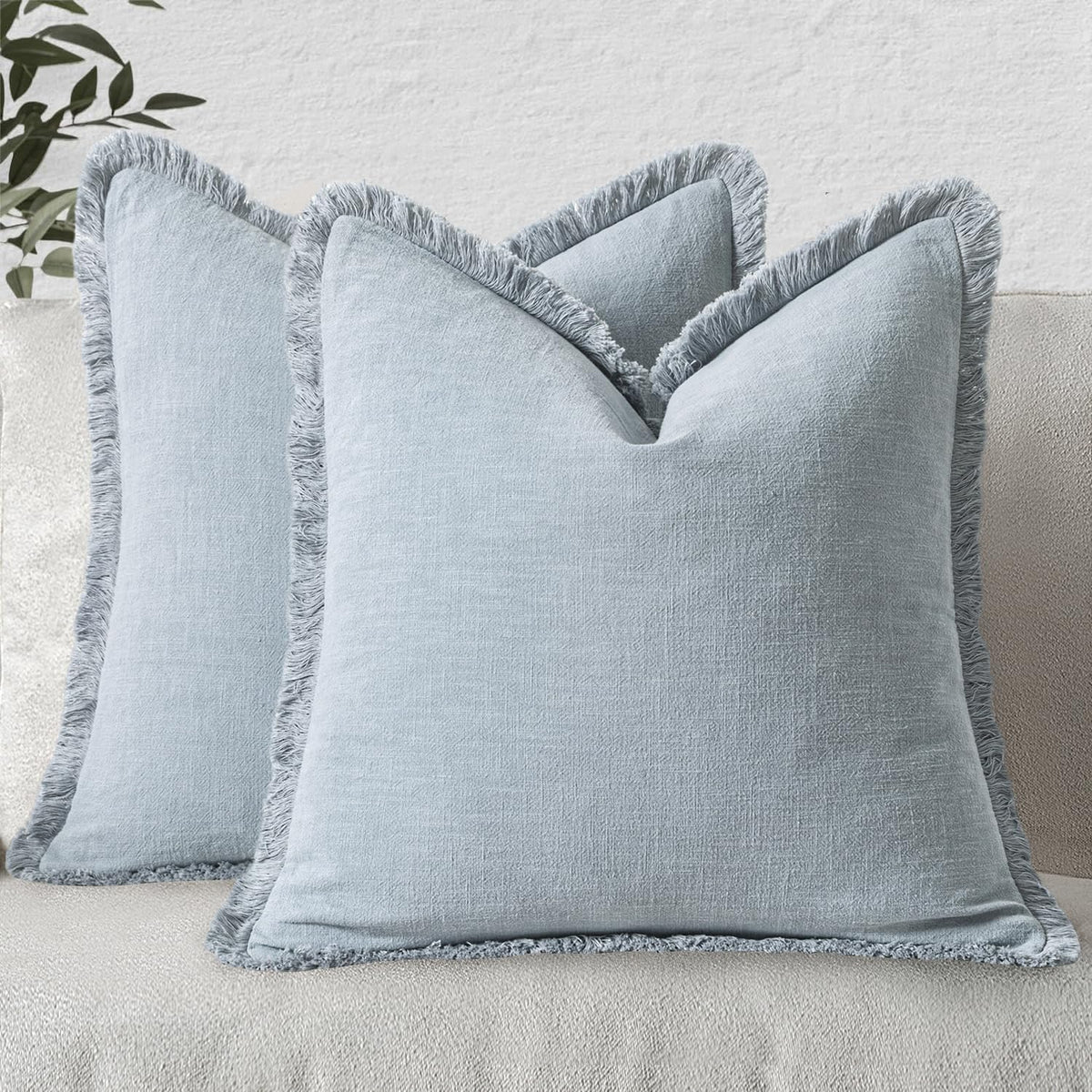 MIULEE Boho Linen Fringe Decorative Throw Pillow Covers Olive Green 20x20