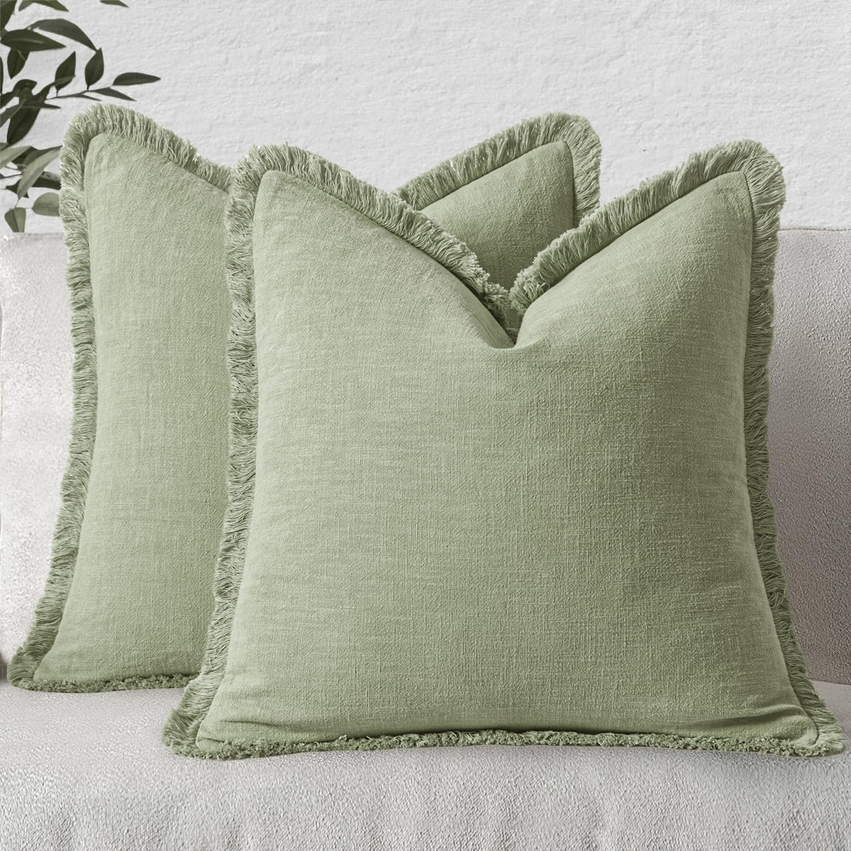 MIULEE Boho Linen Fringe Decorative Throw Pillow Covers Olive Green 20x20