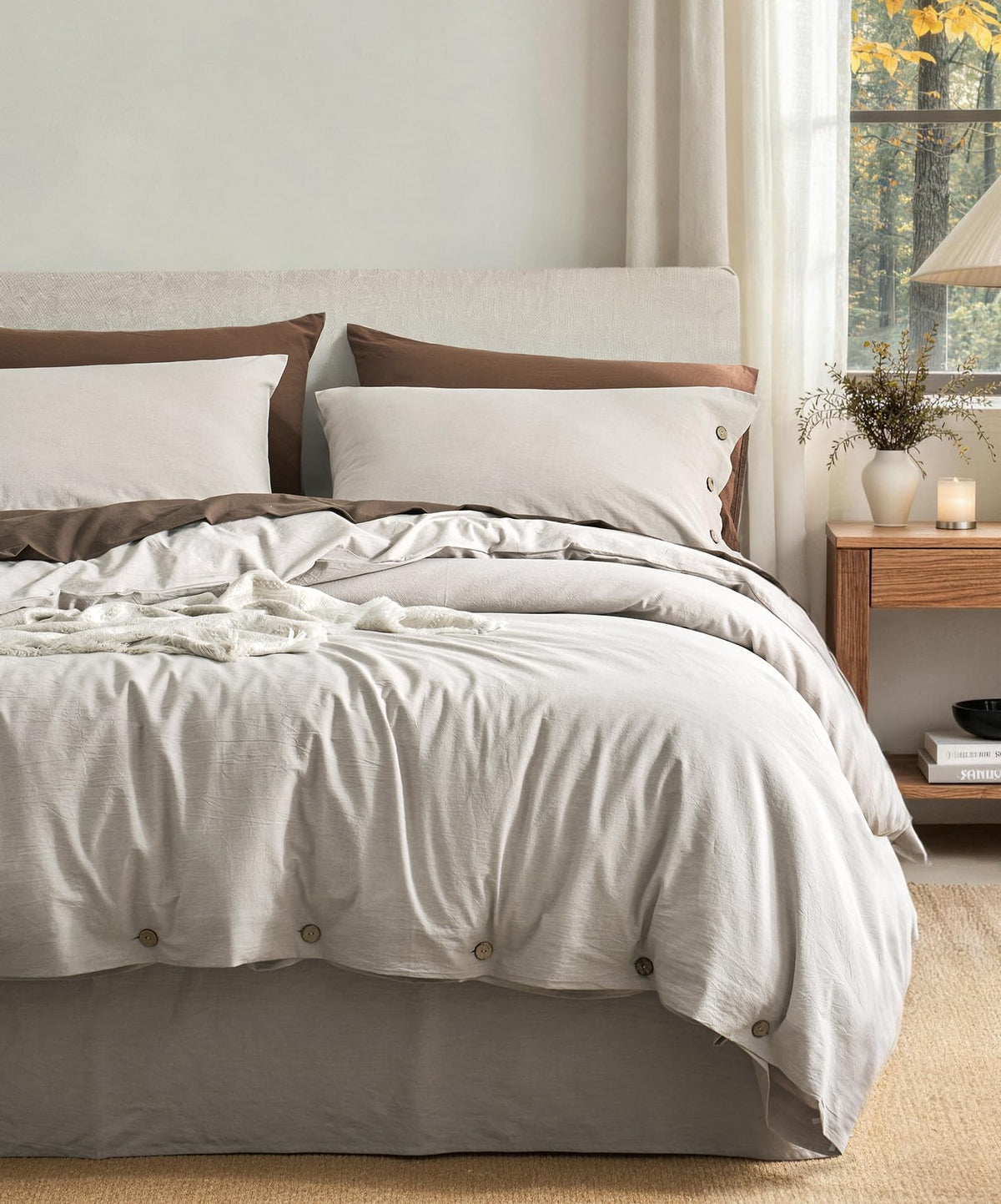 JELLYMONI 100% Washed Cotton Striped Duvet Cover Set King, Linen-Like