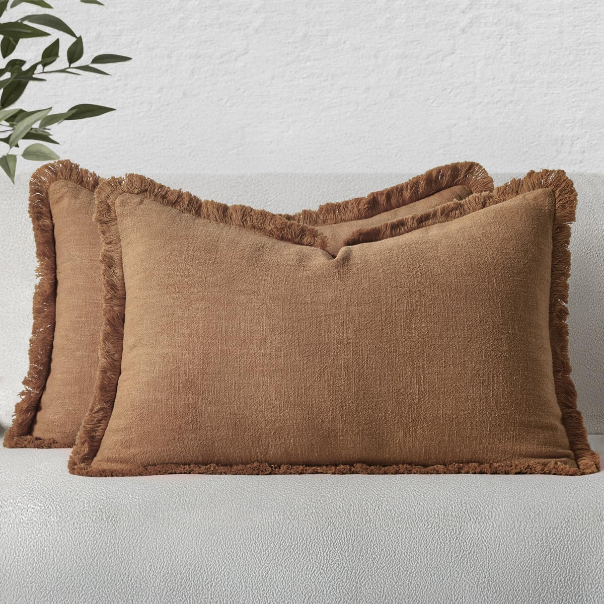 MIULEE Boho Linen Fringe Decorative Throw Pillow Covers Olive Green 20x20
