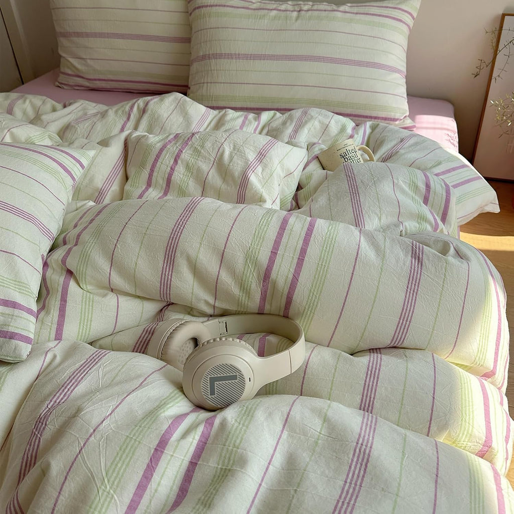 EAVD Retro Striped Duvet Cover Queen Soft 100% Washed Cotton Green Purple