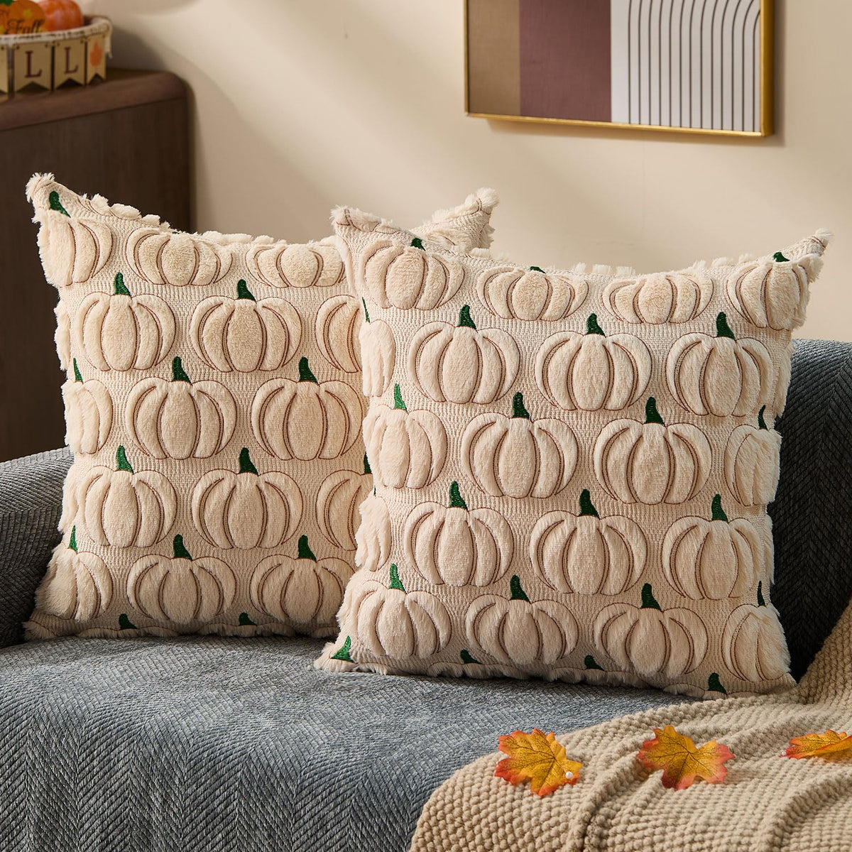 DFXSZ Fall Pillow Covers 18x18 2Pcs Beige Pumpkin Fall Decorations for Home