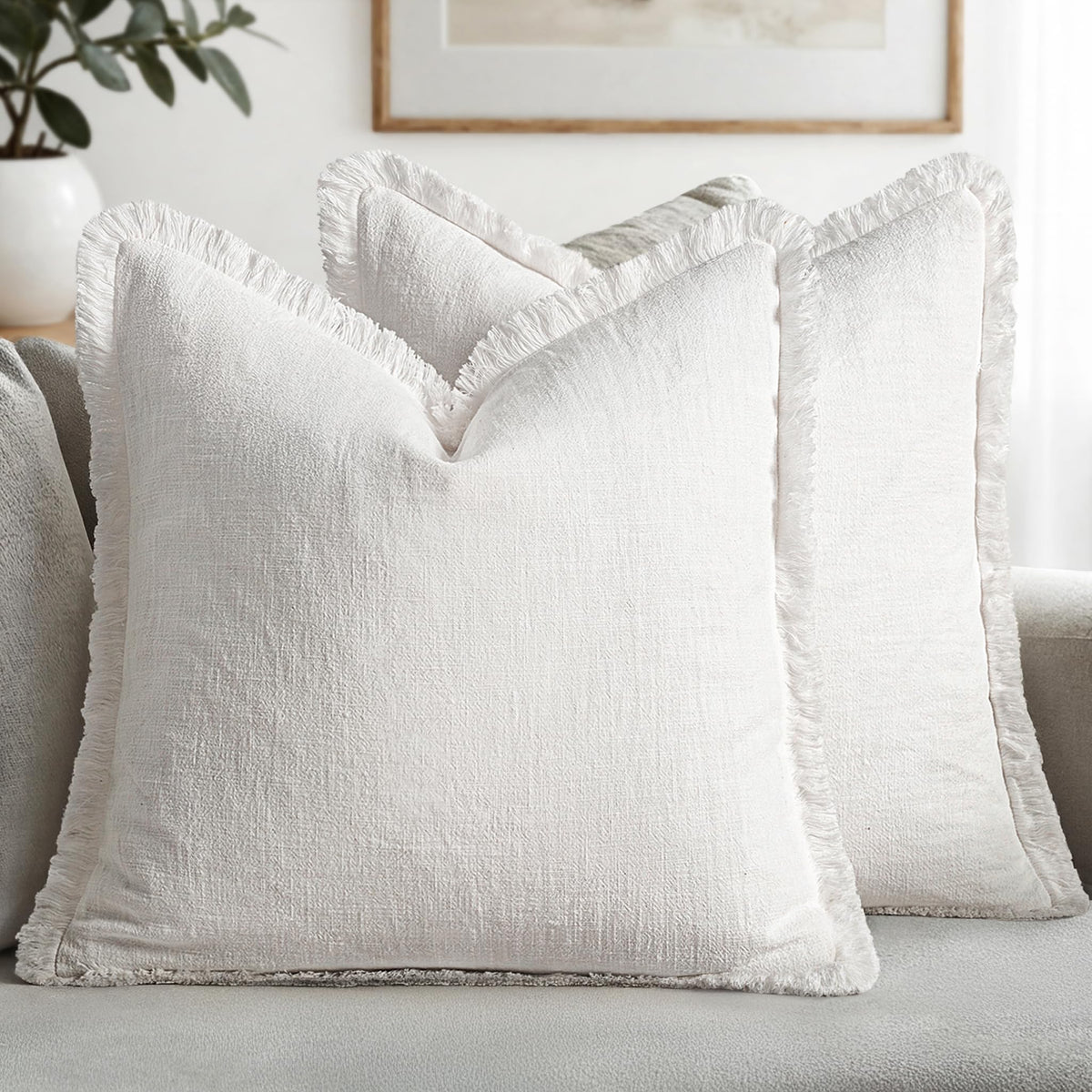 MIULEE Boho Linen Fringe Decorative Throw Pillow Covers Olive Green 20x20