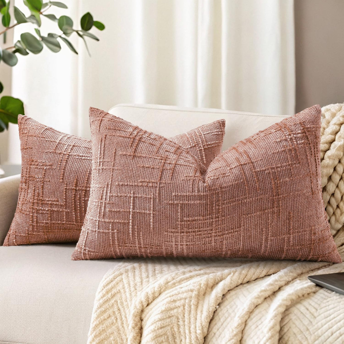 decorUhome Textured Chenille Throw Pillow Covers 18x18 Set of 2 Rust