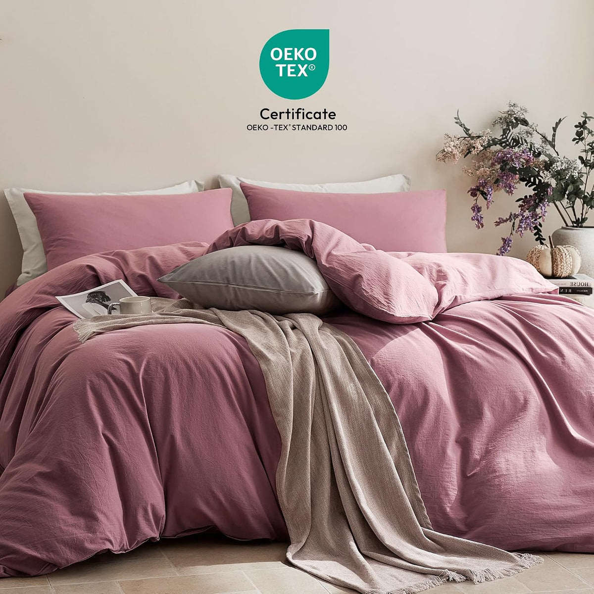 JELLYMONI 100% Cotton King Duvet Cover Set, Washed Linen-Like Texture