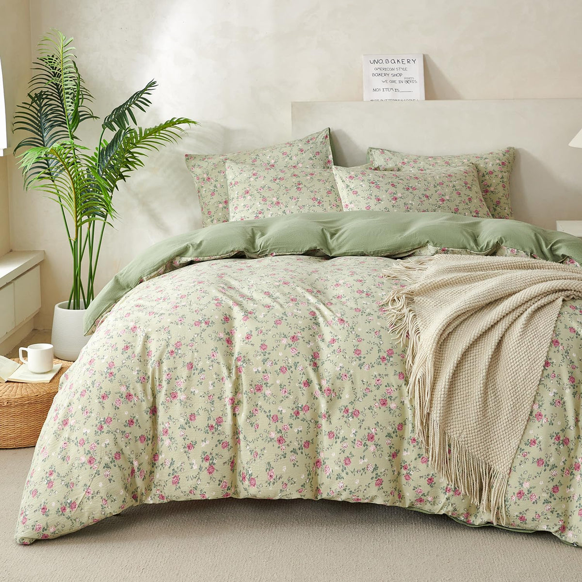 King Size Duvet Cover Set Floral Luxury Soft Brushed Microfiber Crinkle Gauze Fabric 3 Pieces Bedding Set Flower Pattern Duvet Cover King with Zipper Closure Breathable Comfy