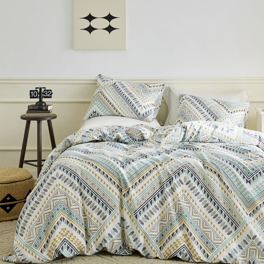 SUSYBAO Boho Aztec Duvet Cover King 100% Cotton 3 Pcs Set 1 Vintage Bohemian Geometric Duvet Cover with Zipper Ties 2 Pillowcases Tribal Yellow Green Triangle Print Bedding Set Soft