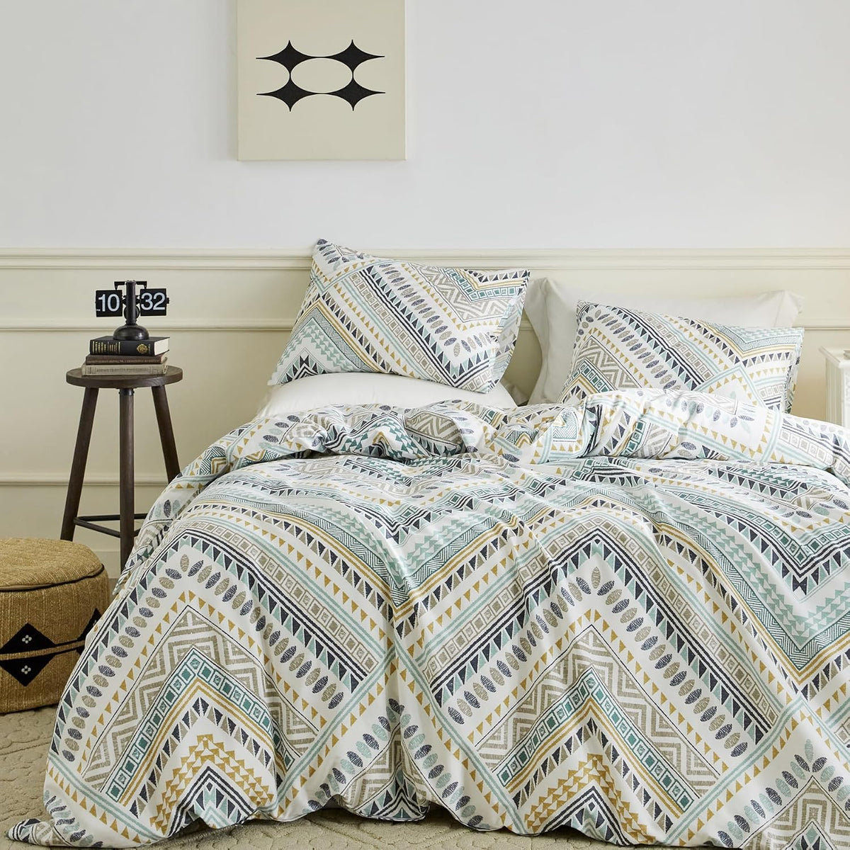 SUSYBAO Boho Aztec Duvet Cover King 100% Cotton 3 Pcs Set 1 Vintage Bohemian Geometric Duvet Cover with Zipper Ties 2 Pillowcases Tribal Yellow Green Triangle Print Bedding Set Soft