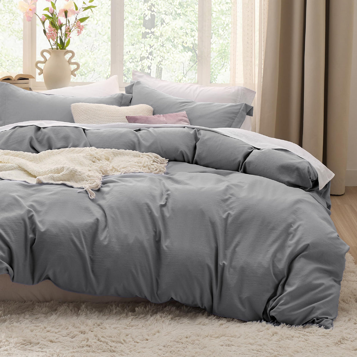 Bedsure Prewashed Duvet Cover Queen, Cotton-Like Bedding Set, Olive Green