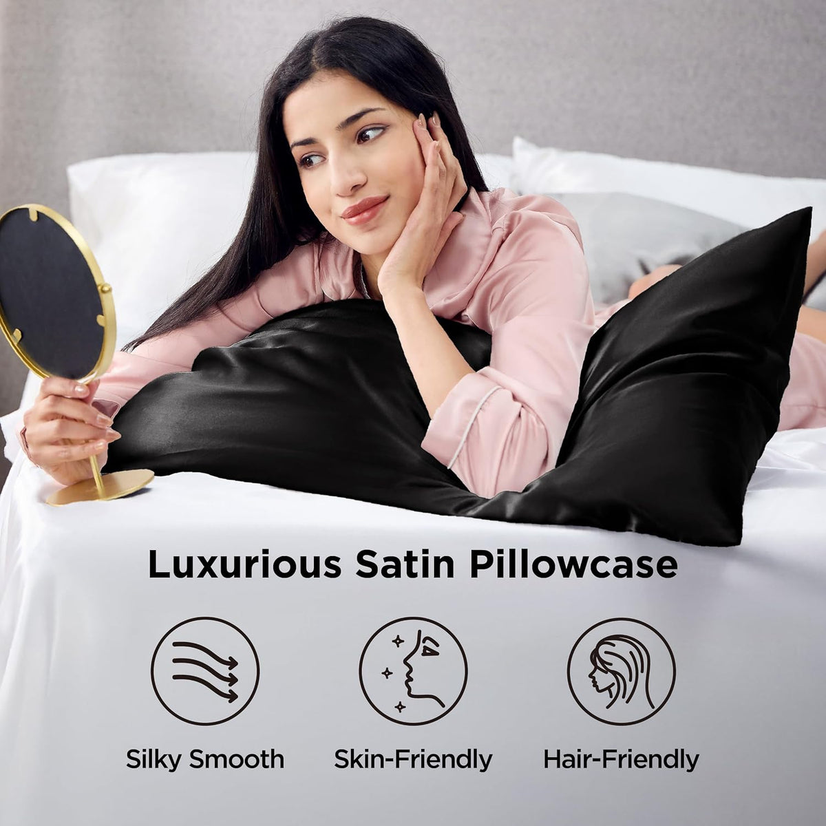 Bedsure Satin Pillowcases Queen Set of 2, Similar to Silk Pillow Case Black