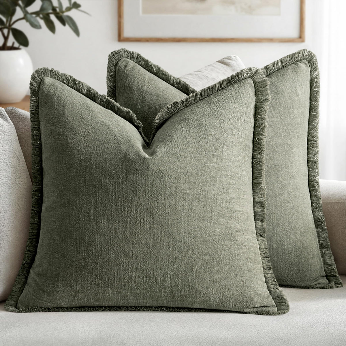 MIULEE Boho Linen Fringe Decorative Throw Pillow Covers Olive Green 20x20