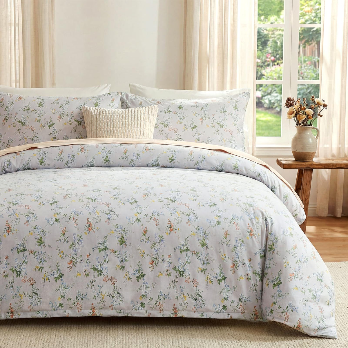 Duvet Cover Queen Size - 100% Cotton Reversible Floral Queen Duvet Cover Set with Zipper Closure, 3 Pieces Soft & Breathable Green Bedding Set for All Seasons