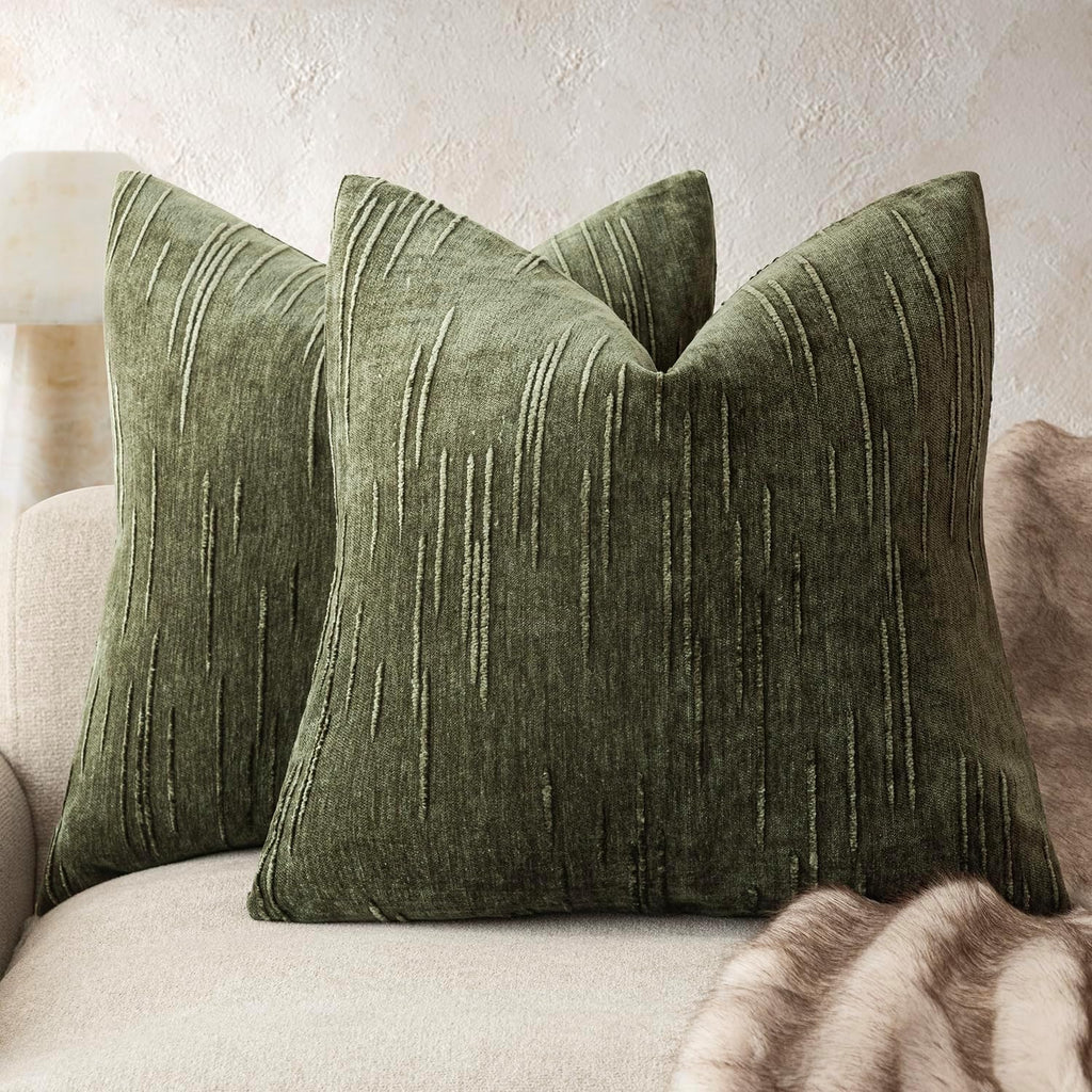 Foindtower Pack of 2 Slubby Textured Chenille Throw Decorative Pillow Covers Square Accent Solid Cushion Cover Soft Farmhouse Pillow Case for Couch Sofa Bedroom Living Room 20x20 Inch,Dark Olive Green