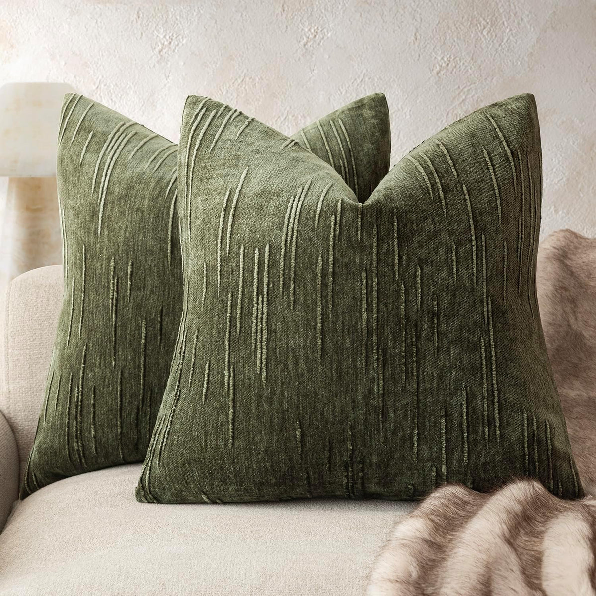 Foindtower Pack of 2 Slubby Textured Chenille Throw Decorative Pillow Covers Square Accent Solid Cushion Cover Soft Farmhouse Pillow Case for Couch Sofa Bedroom Living Room 20x20 Inch,Dark Olive Green