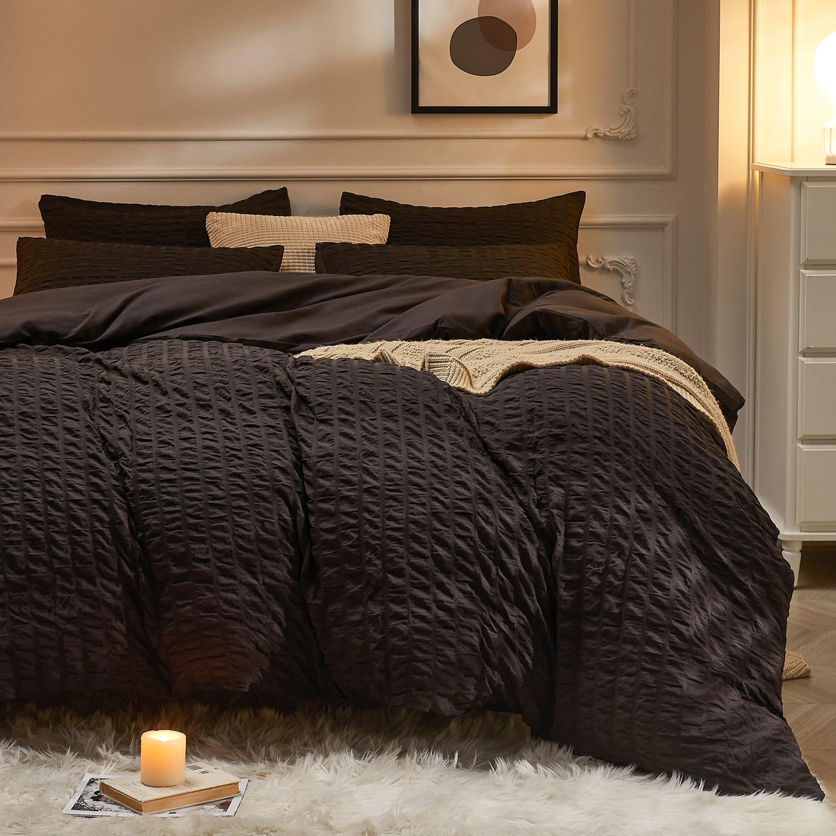 JELLYMONI White Seersucker Duvet Cover Set Queen Size