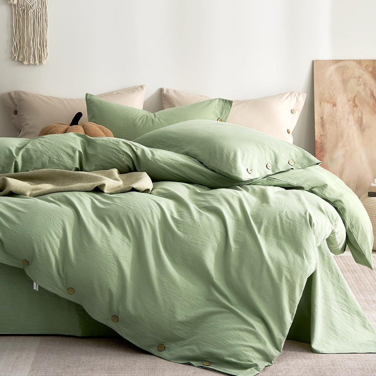 JELLYMONI 100% Washed Cotton Striped Duvet Cover Set King, Linen-Like