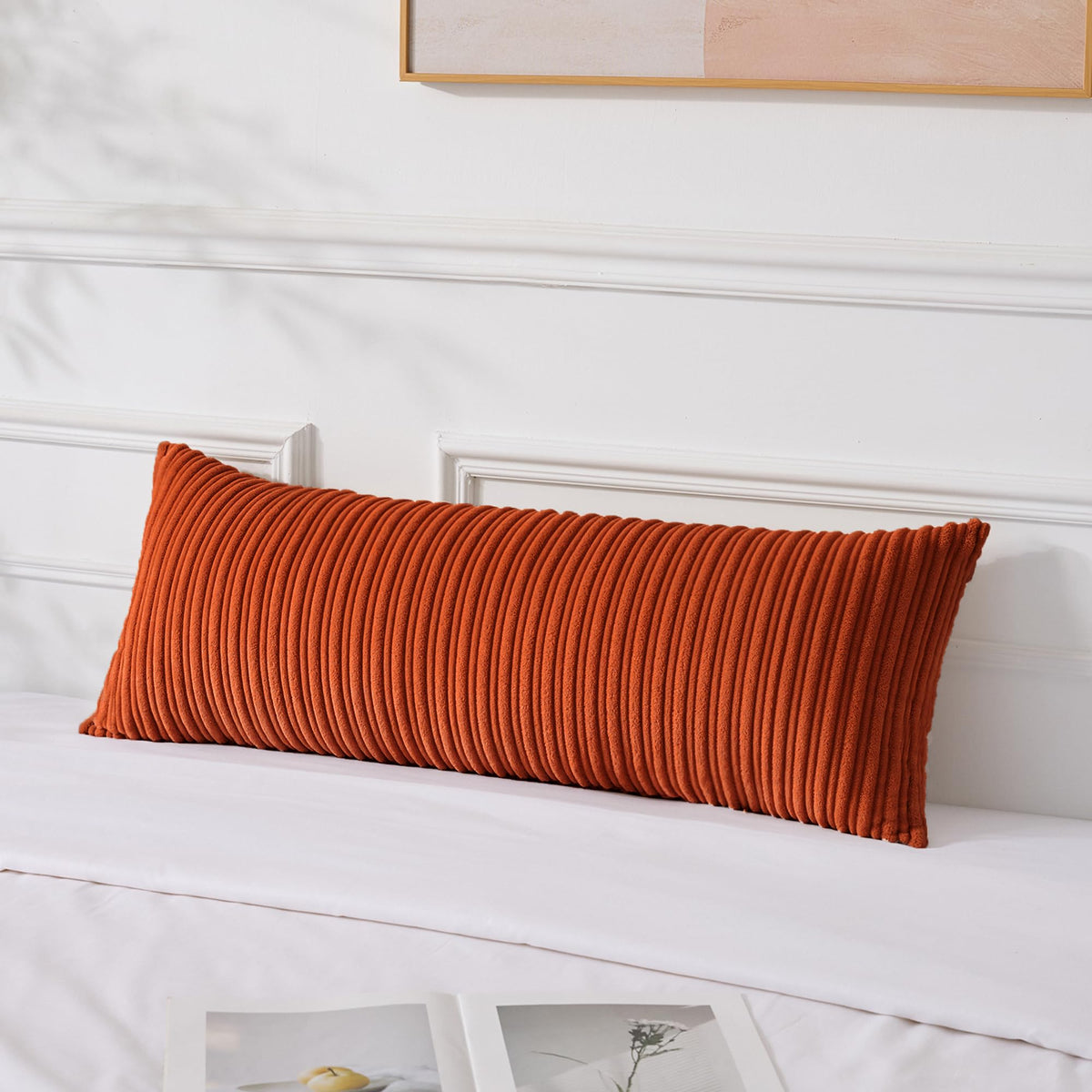 UGASA Velvet 12x20 Inch Lumbar Soft Throw Pillow Cover Boho Farmhouse Decorative Corduroy Striped Both Sides Solid Rectangular Cushion Case for Couch Bedroom Sofa Home, 1 Piece, Beige