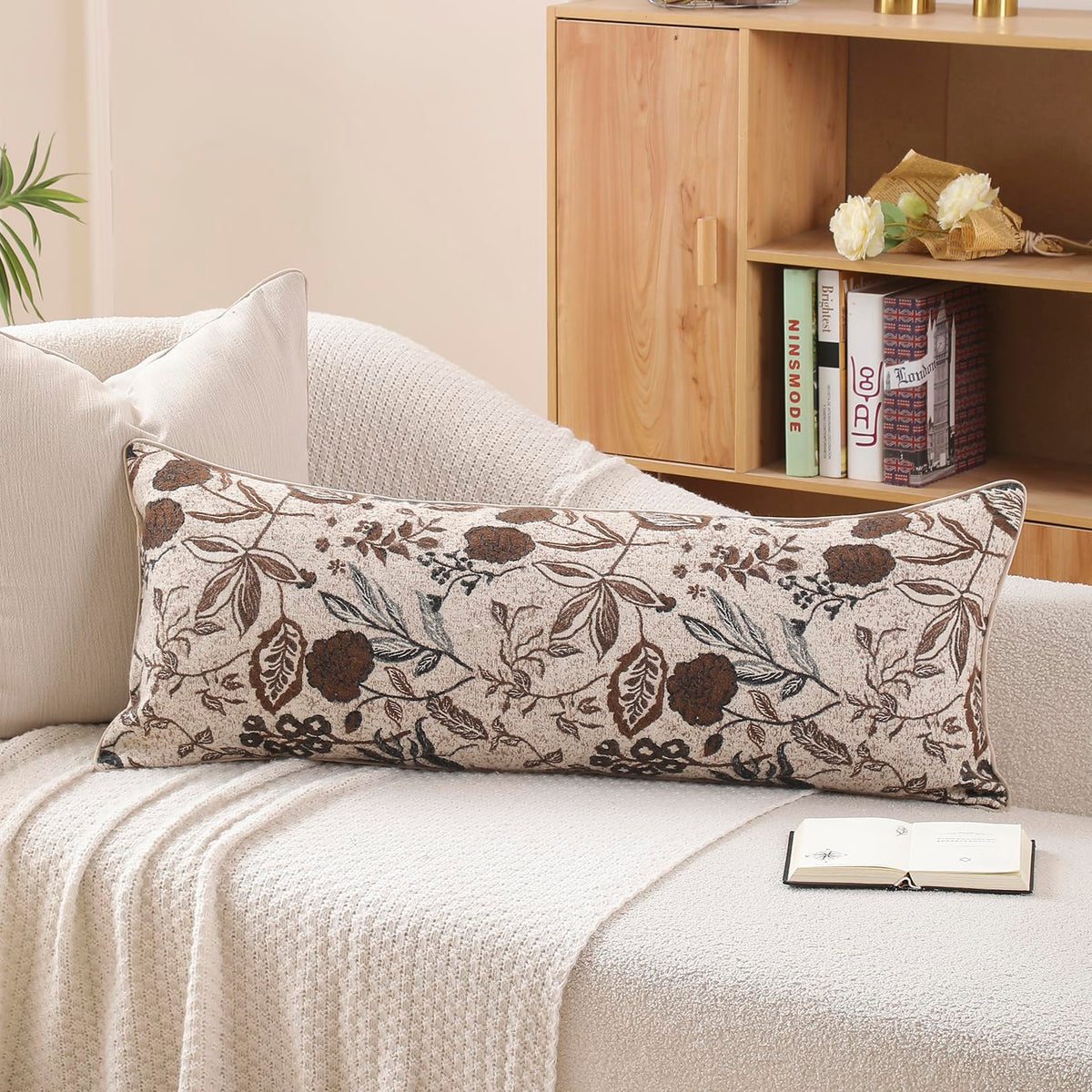 Green Floral Textured Throw Pillow Cover 18x18 Fall Vintage Rust Pillow Cover Farmhouse Summer Leaf Cushion Cover Chenille Neutral Flower Pillowcase Home Decor for Sofa Living Room Bedding