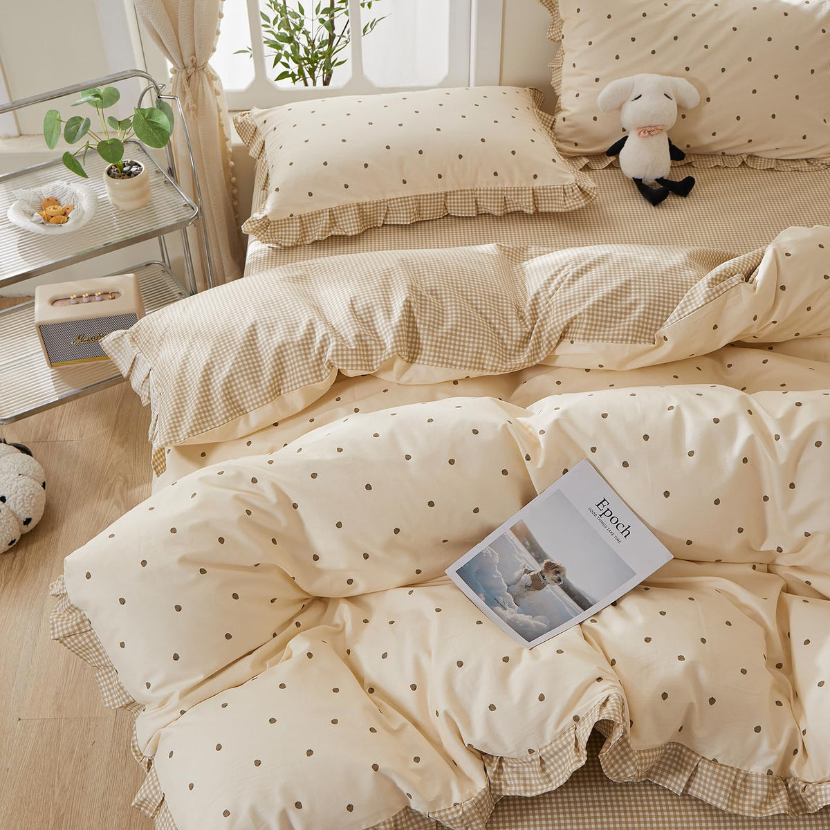 mixinni Reversible Sage Green Floral Duvet Cover Set Queen Size - 100% Cotton Cute Botanical Patterns Bedding Set with Ruffle Lace, 3PCs Beige Soft Aesthetic Cottagecore Style Duvet Cover for Girls