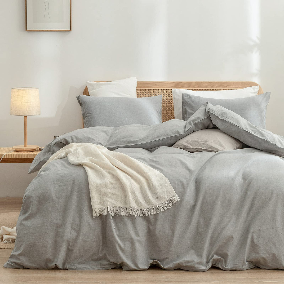 BESTOUCH Cotton Solid Duvet Cover Set Linen Feel Cornflower Blue King
