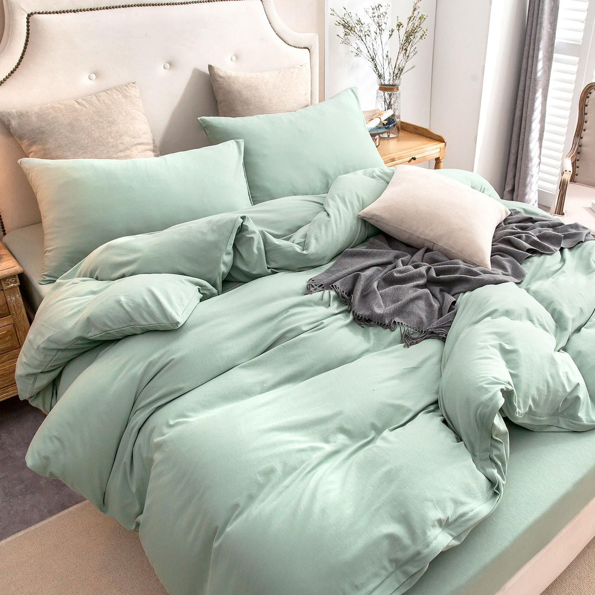 PURE ERA Jersey Knit Duvet Cover Set 100% T-Shirt Cotton Super Soft Comfy 3pc Bedding Set with Zipper Closure (Heather Beige, Queen)