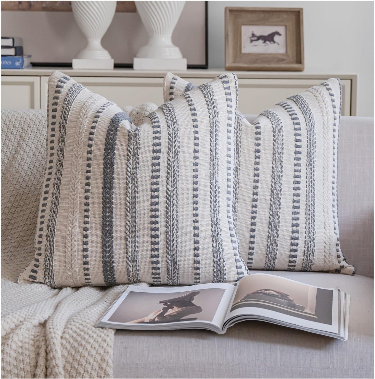Cethom Blue and Beign Boho Throw Pillow Covers 18x18 Inch Set of 2, Stripe Textured Decorative Couch Pillow Cases for Bed, Sofa, Living Room, Bedroom, Farmhouse Home Accent Cushion Covers