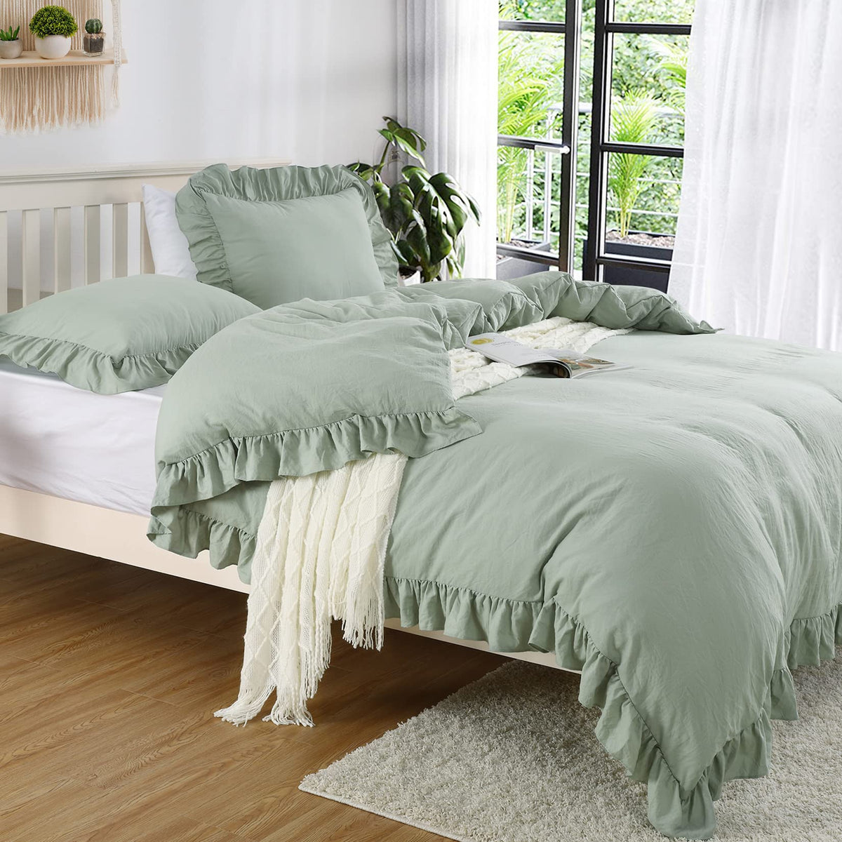 CAROMIO White Ruffle Duvet Cover Queen Size, 3PCS Soft Washed Microfiber Vintage French Country Duvet Cover Set for Queen Bed, White, 90x90 in