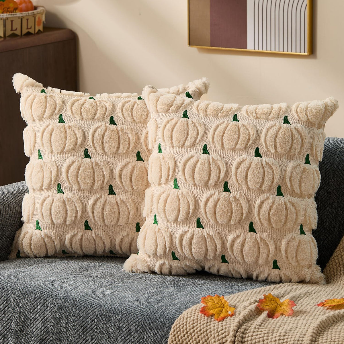 DFXSZ Fall Pillow Covers 18x18 2Pcs Beige Pumpkin Fall Decorations for Home