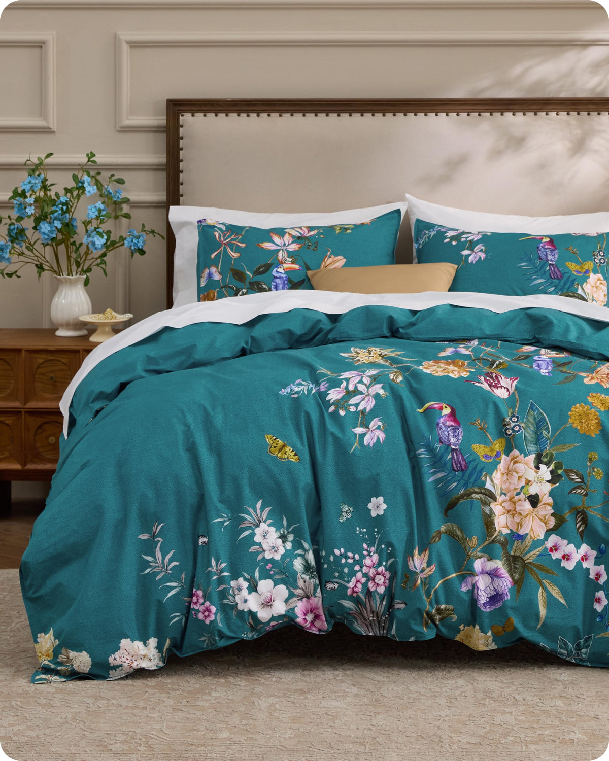 Bedsure PureWoven 100% Cotton Floral Duvet Cover Set, Queen, Green Garden