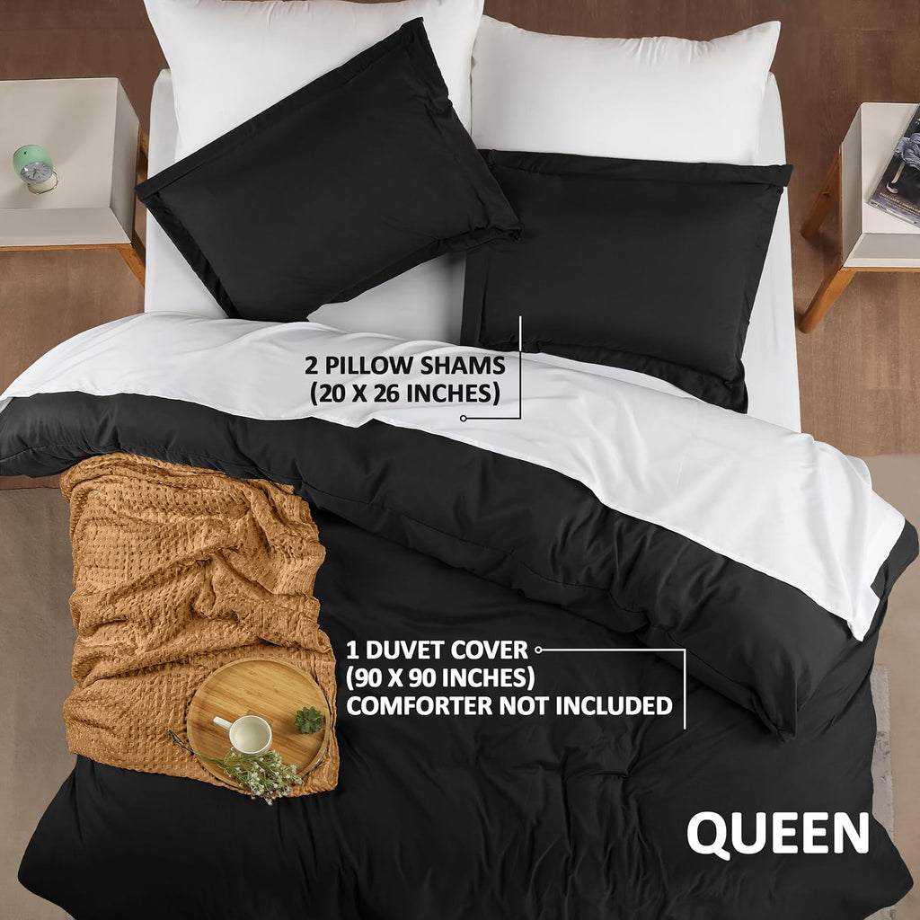 Duvet Cover Queen, 3 Piece Cotton Like Polyester with Zipper Closure, Black