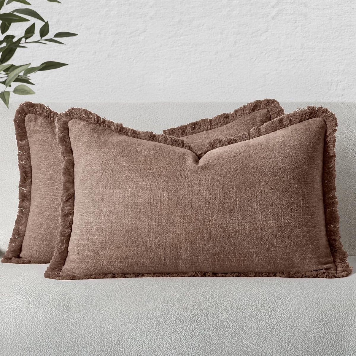 MIULEE Boho Linen Fringe Decorative Throw Pillow Covers Olive Green 20x20
