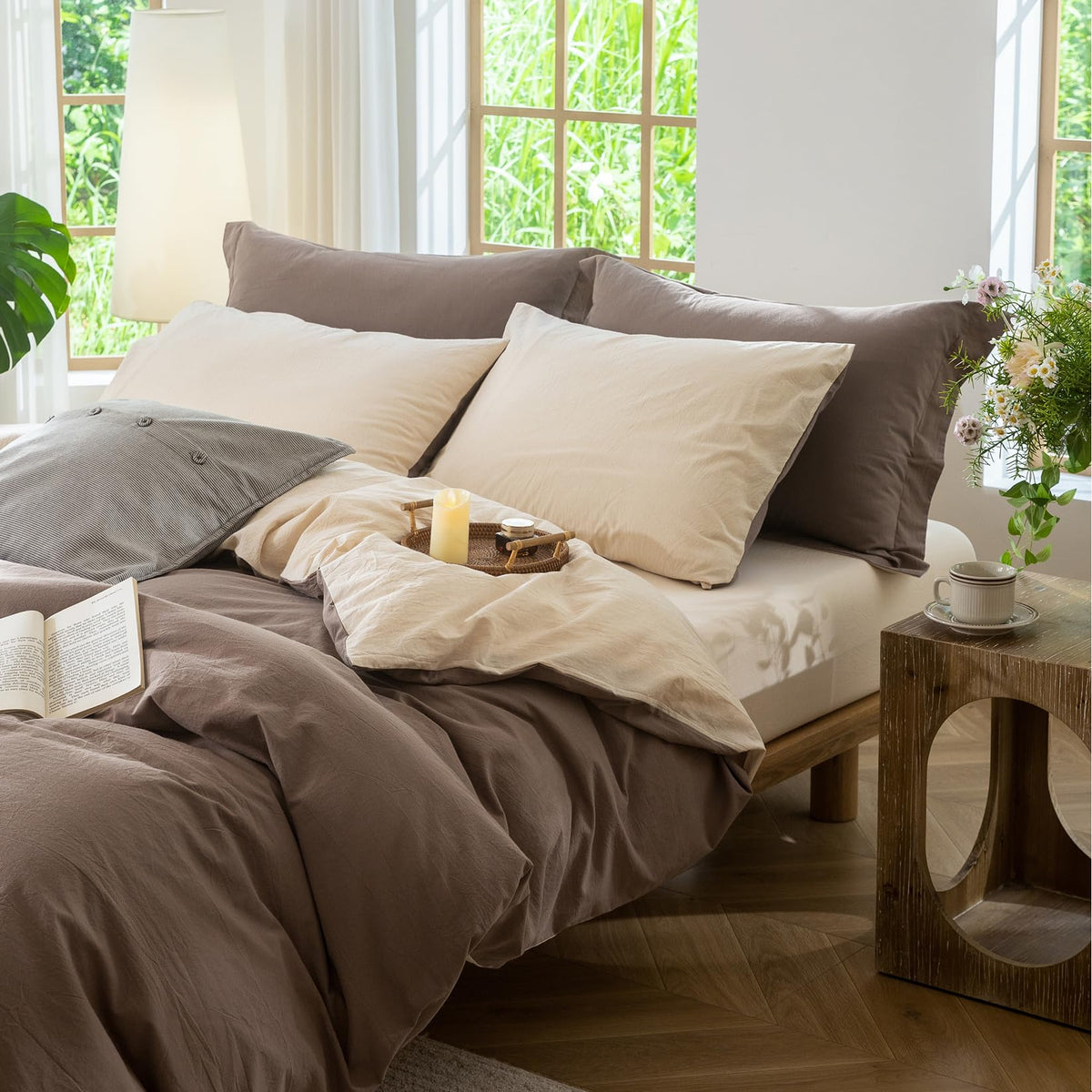 BDEAR 3Pcs Off White Duvet Cover Set Queen Size 90" L x 90" W, Oeko TEX