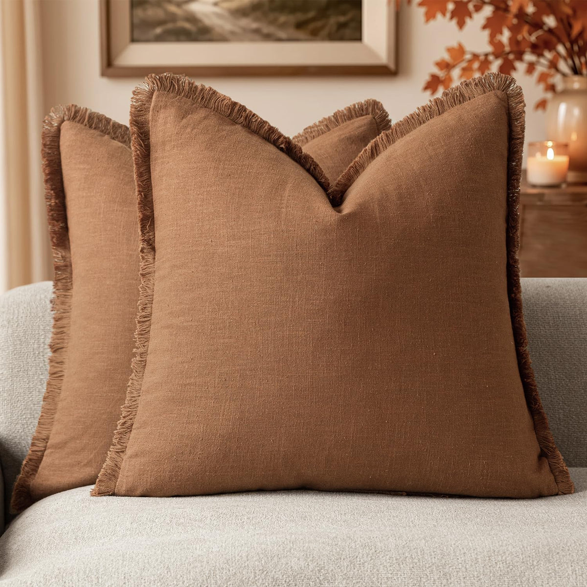 Foindtower Decorative Linen Fringe Throw Pillow Covers 20×20 Olive Green