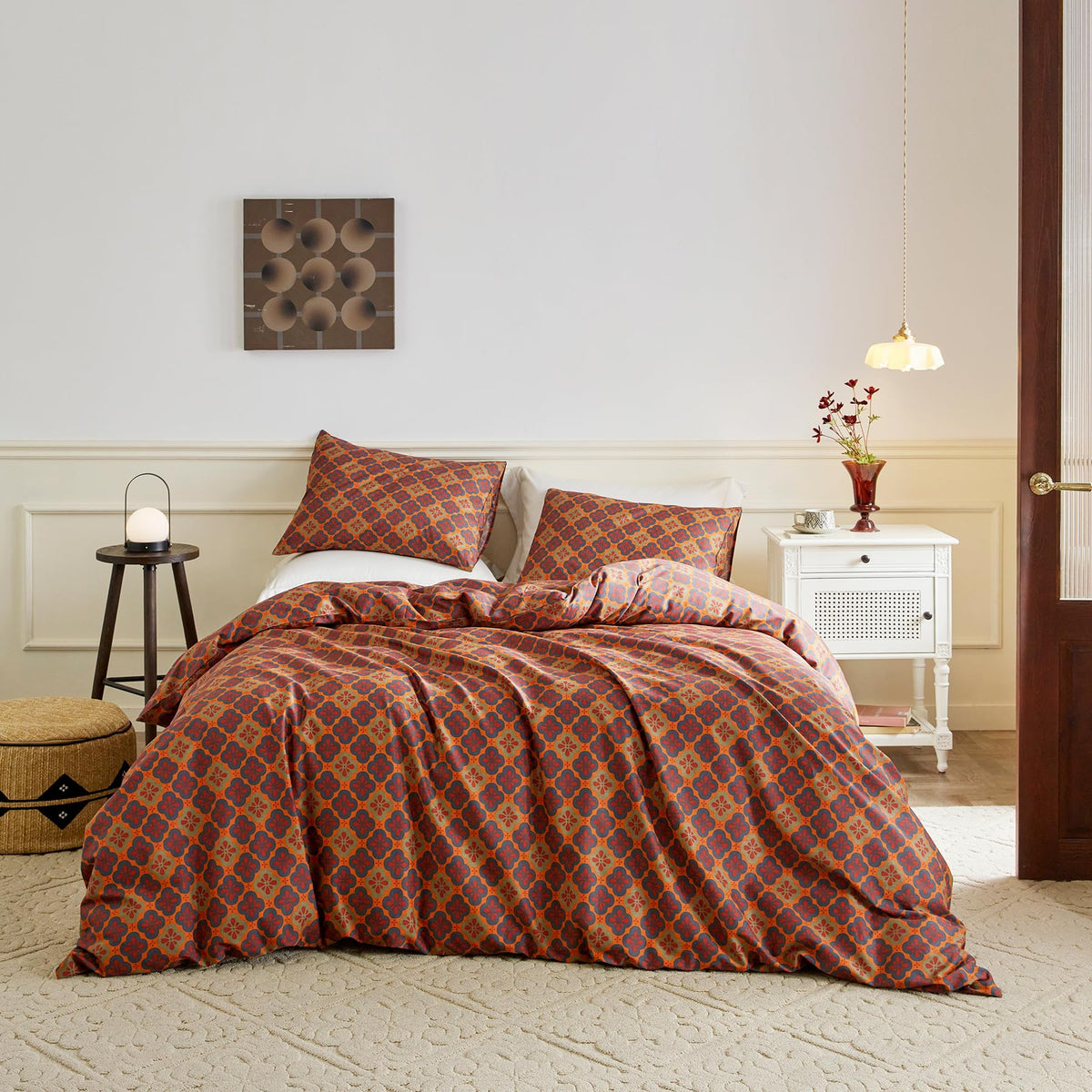 SUSYBAO Taupe Geometric Duvet Cover Queen 100% Cotton 3 Pieces Set