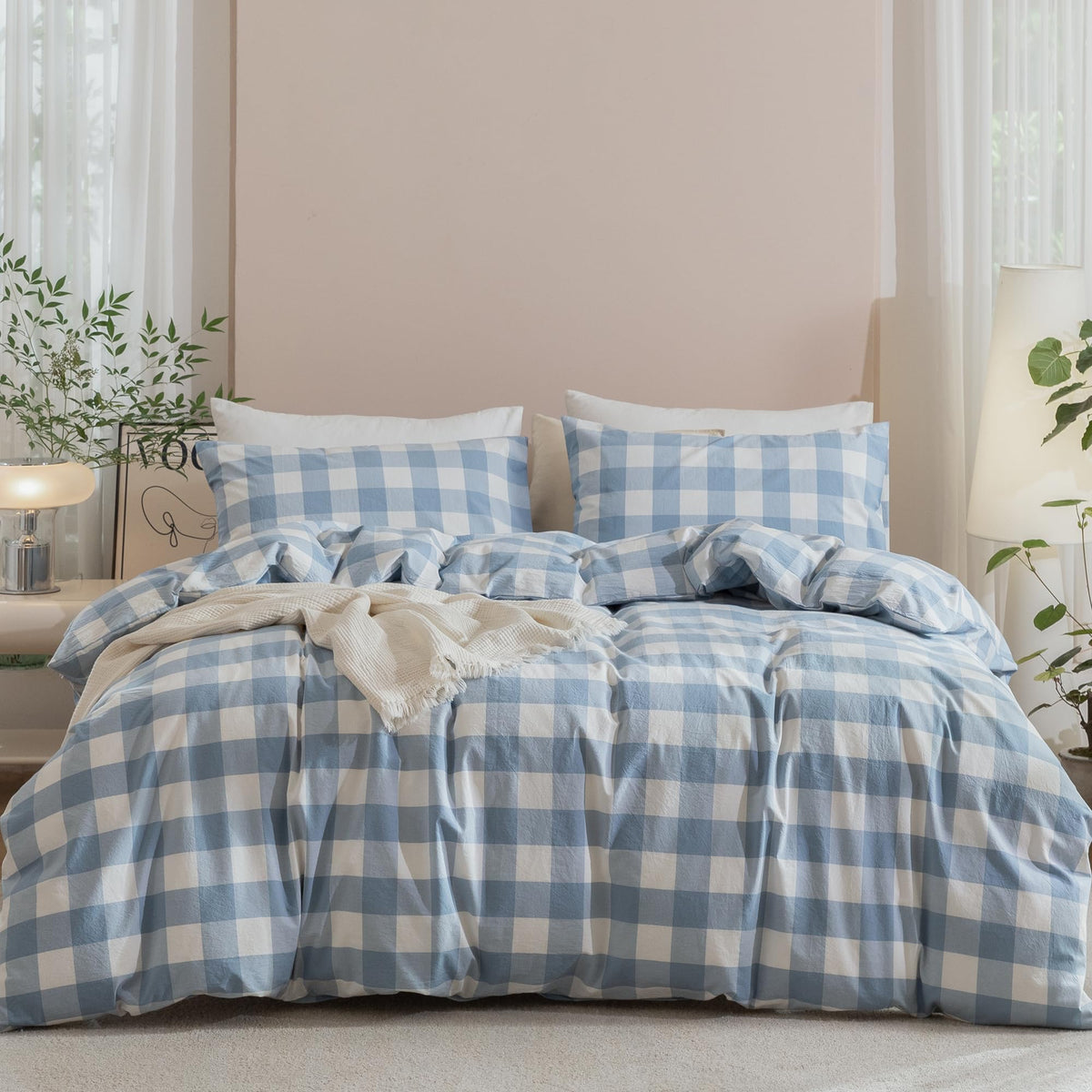 JIYUAN Queen Washed Cotton Duvet Cover Set, 3-Piece, Relaxed Linen Feel