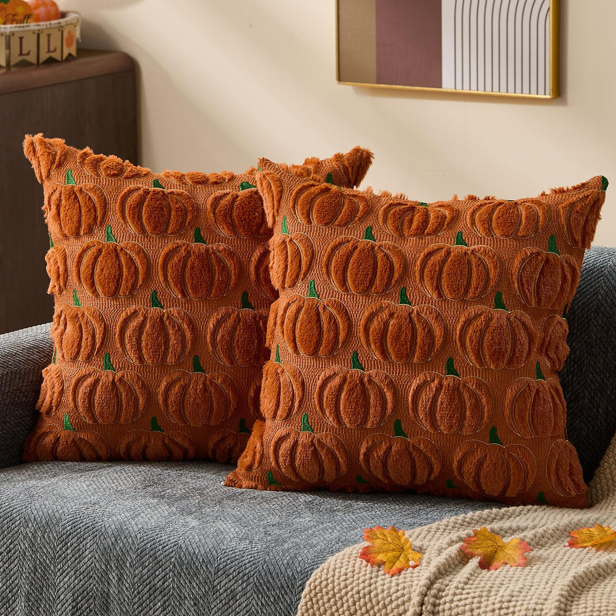 DFXSZ Fall Pillow Covers 18x18 2Pcs Beige Pumpkin Fall Decorations for Home