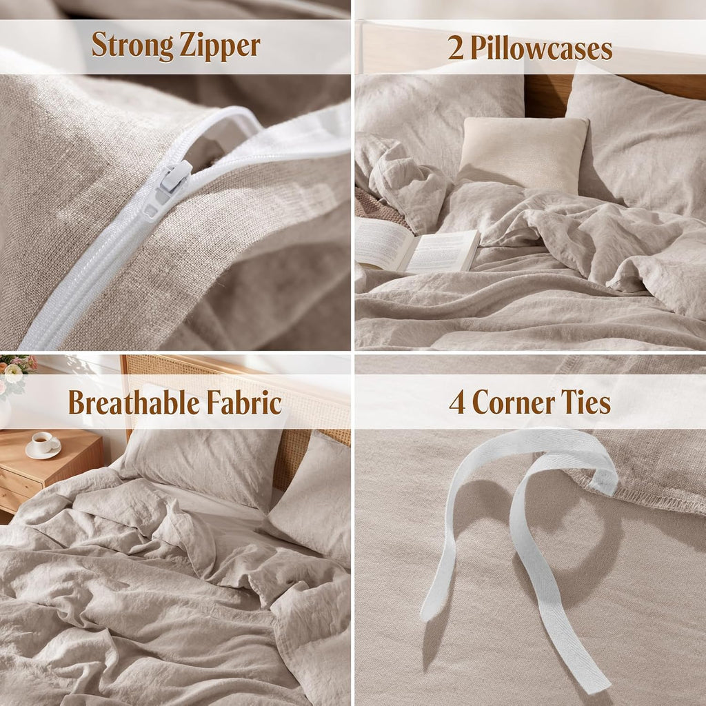 LBRO2M 100% French Linen Duvet Cover Set 3Pcs, Comforter Cover King Size
