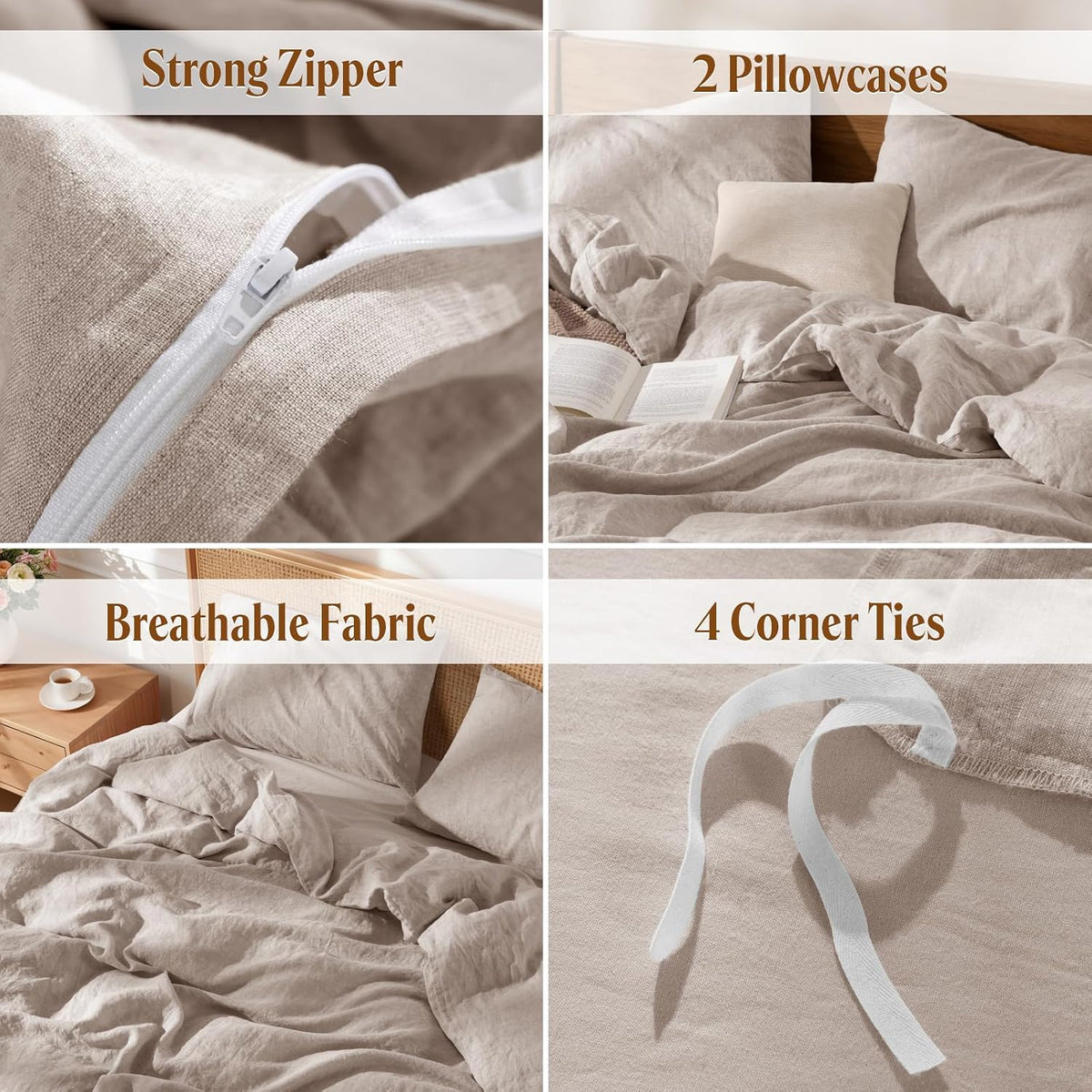LBRO2M 100% French Linen Duvet Cover Set 3Pcs, Comforter Cover King Size