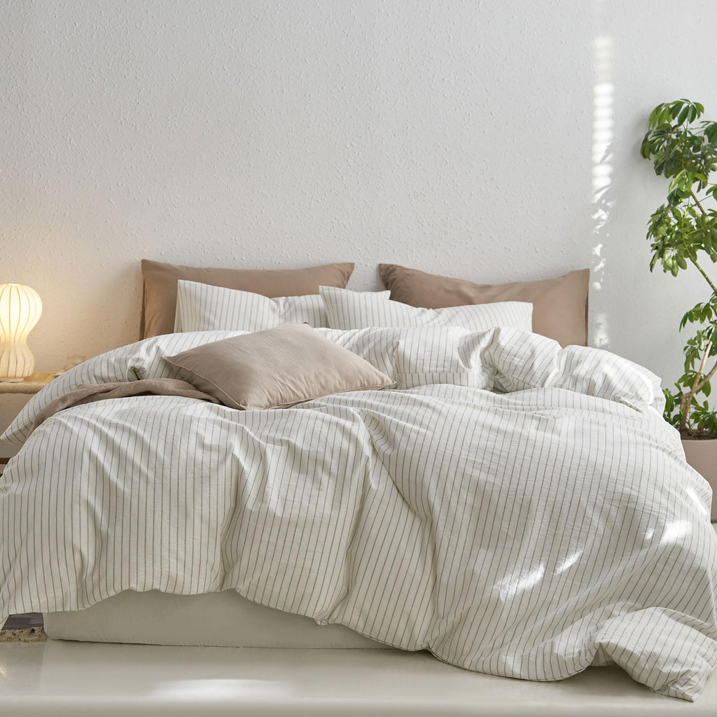 MooMee Striped Duvet Cover Set 100% Washed Cotton Linen Like Queen