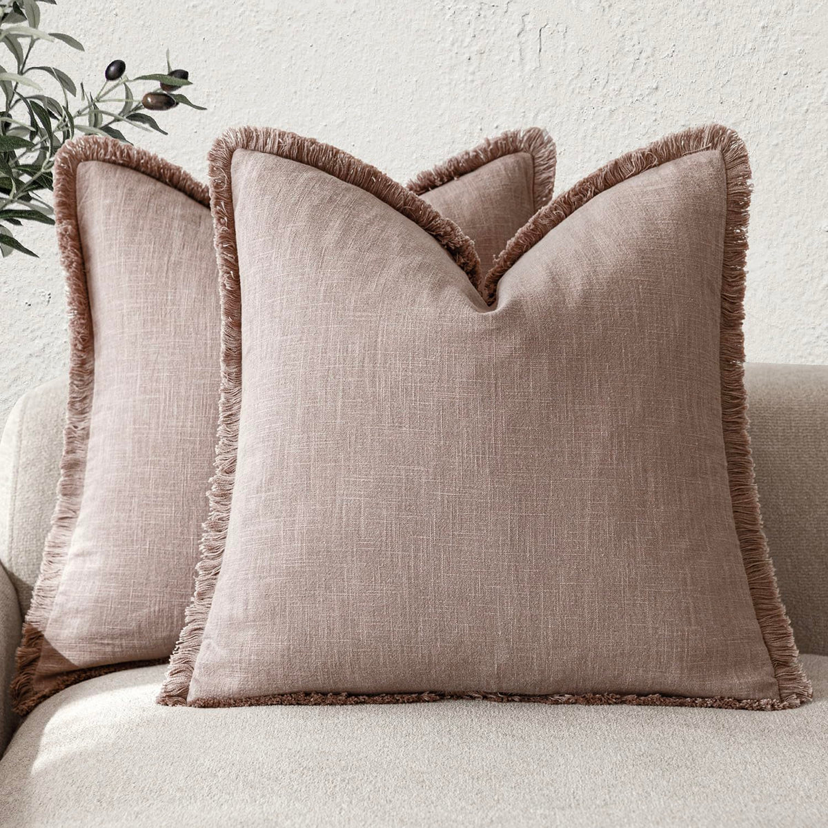 Foindtower Decorative Linen Fringe Throw Pillow Covers 20×20 Olive Green