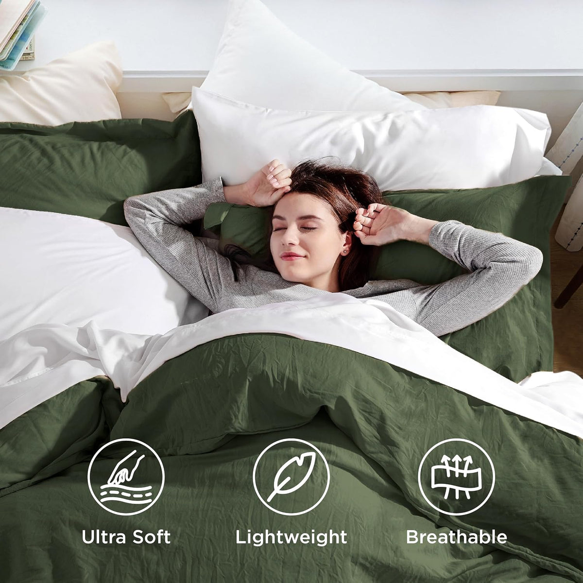 Bedsure Prewashed Duvet Cover Queen, Cotton-Like Bedding Set, Olive Green
