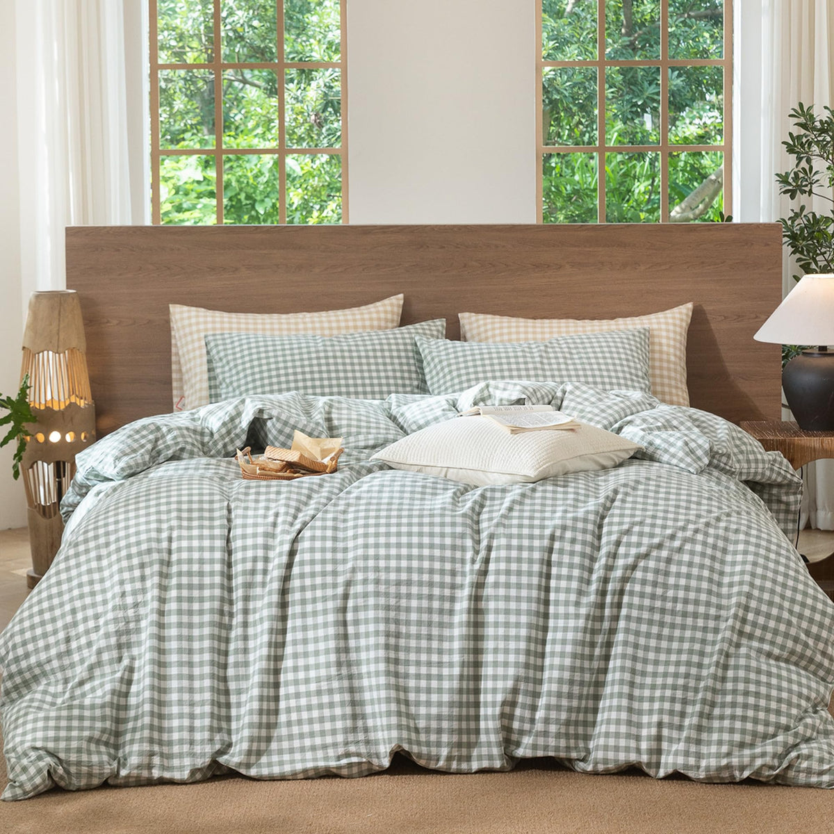 MooMee Gingham Duvet Cover Set 100% Washed Cotton Linen Like King