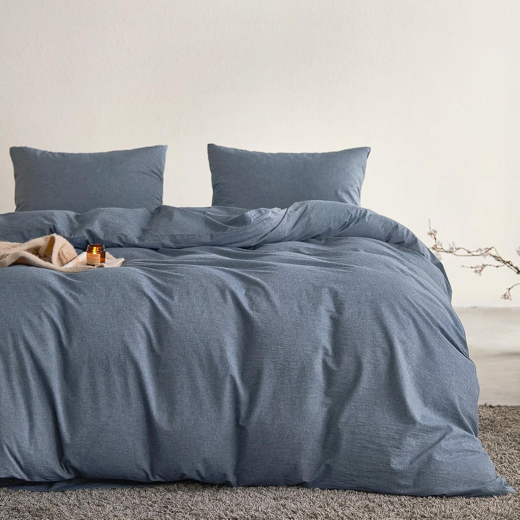 Wake In Cloud - Cotton Duvet Cover Set, 100% Washed Cotton, Linen Like Textured, Breathable Durable Comfy Farmhouse Neutral Bedding Set, 3 Pieces, Denim Blue, Queen Size